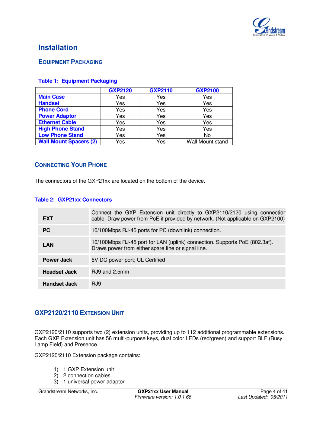 Grandstream Networks GXP21XX user manual Installation, Equipment Packaging, Connecting Your Phone, Ext, Lan 