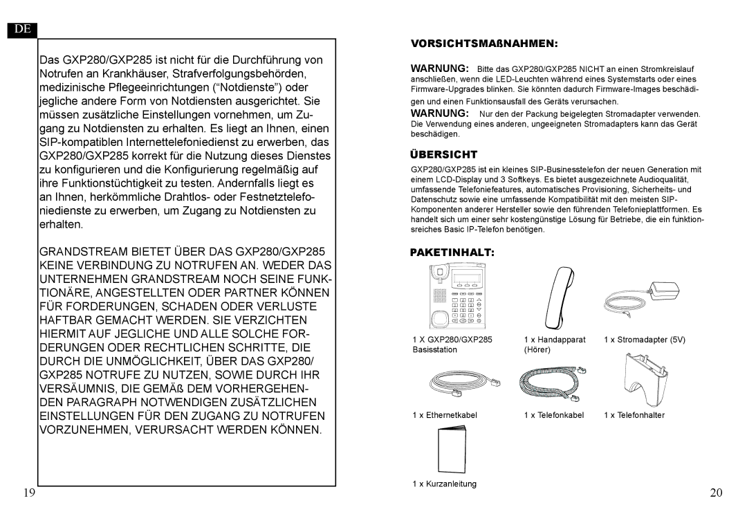 Grandstream Networks GXP285, GXP280 warranty VORSICHTSMAßNAHMEN, Übersicht, Paketinhalt 