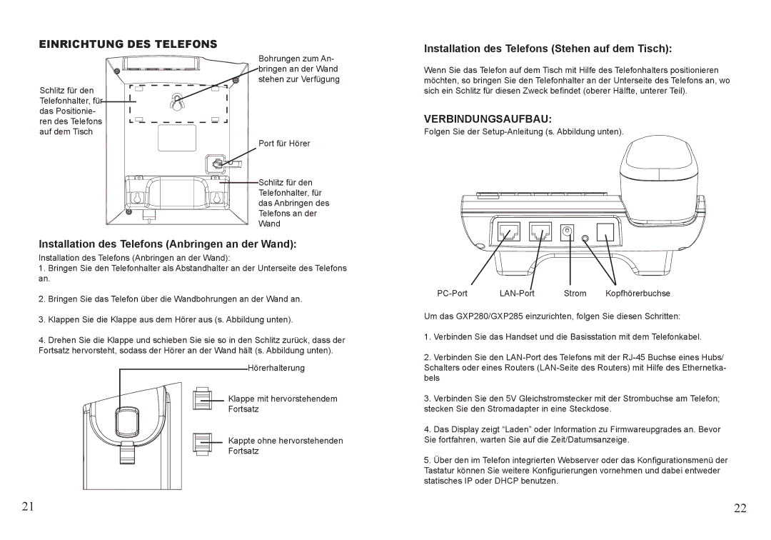 Grandstream Networks GXP280 Einrichtung DES Telefons, Installation des Telefons Anbringen an der Wand, Verbindungsaufbau 