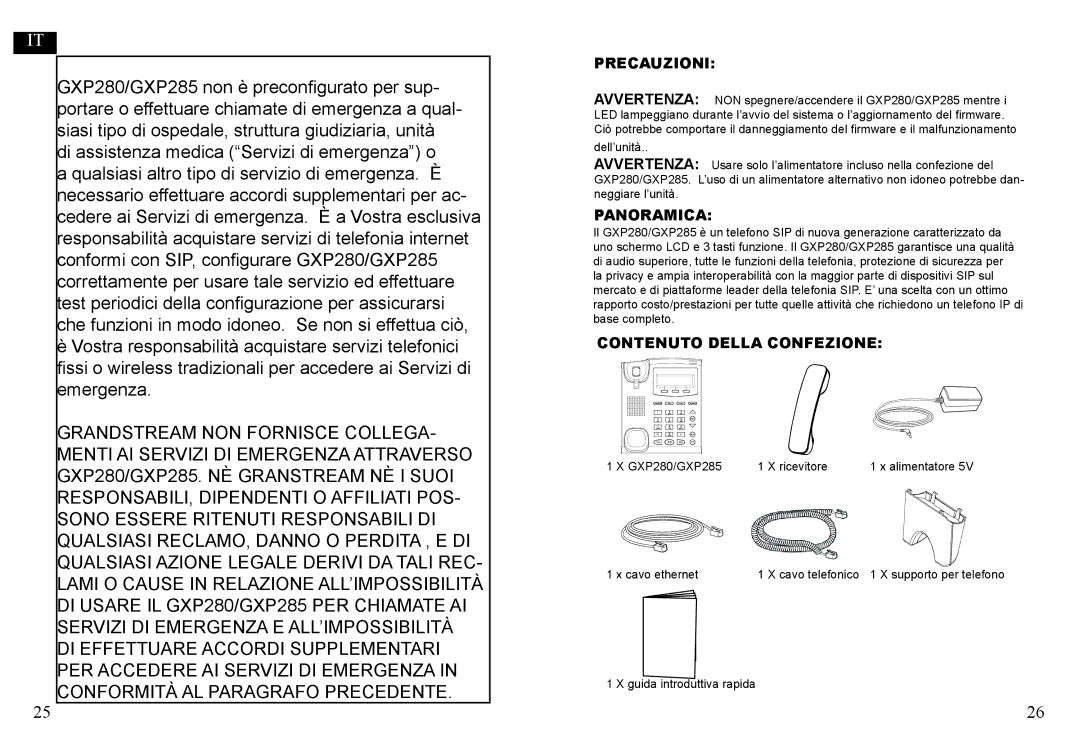 Grandstream Networks GXP280, GXP285 warranty Precauzioni, Panoramica, Contenuto Della Confezione 