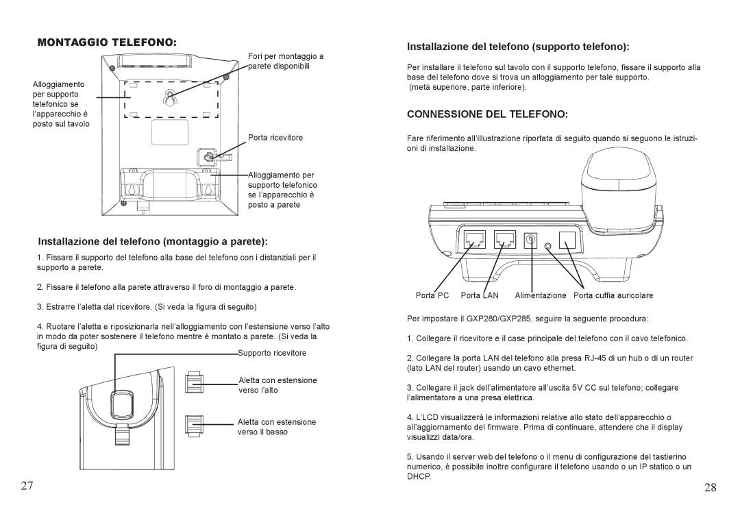 Grandstream Networks GXP285 Montaggio Telefono, Installazione del telefono supporto telefono, Connessione DEL Telefono 