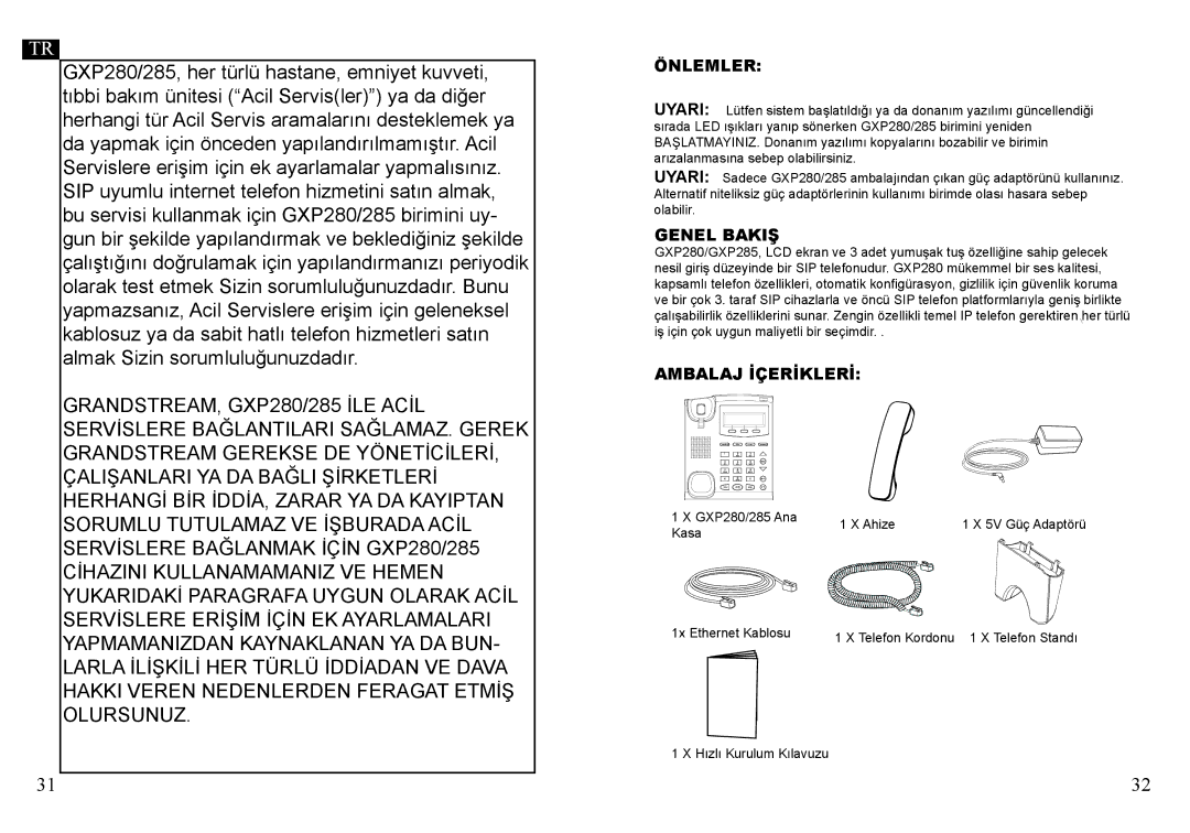 Grandstream Networks GXP285, GXP280 warranty Önlemler, Genel Bakiş, Ambalaj İçerİklerİ 