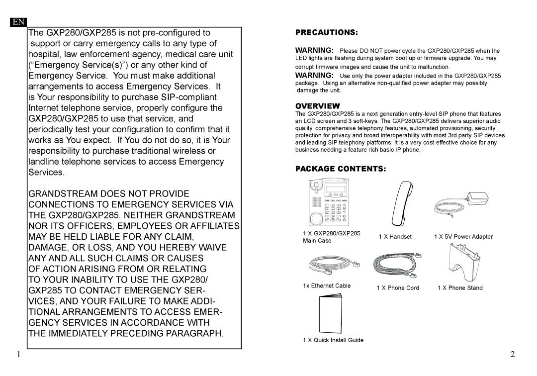 Grandstream Networks GXP280, GXP285 warranty Precautions, Overview, Package Contents 