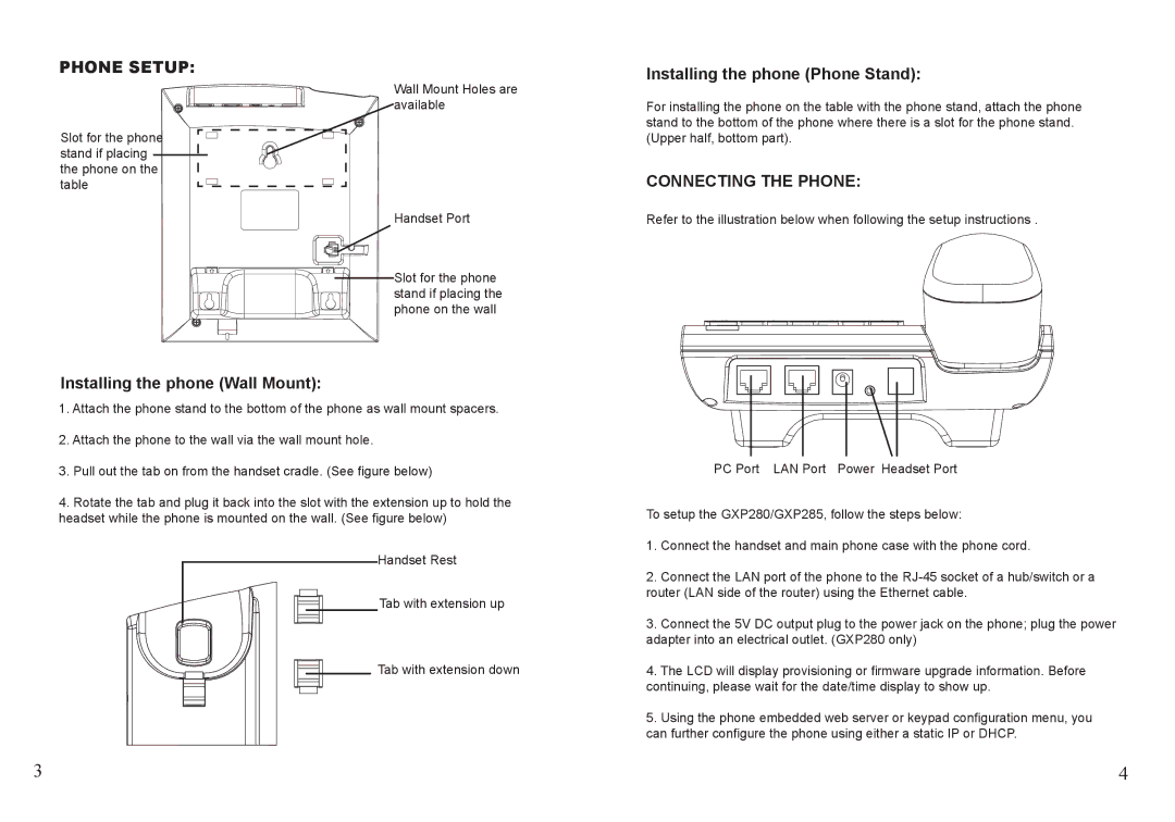 Grandstream Networks GXP285, GXP280 warranty Phone Setup, Installing the phone Wall Mount, Installing the phone Phone Stand 