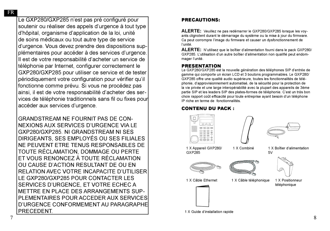 Grandstream Networks GXP285, GXP280 warranty Presentation, Contenu DU Pack 