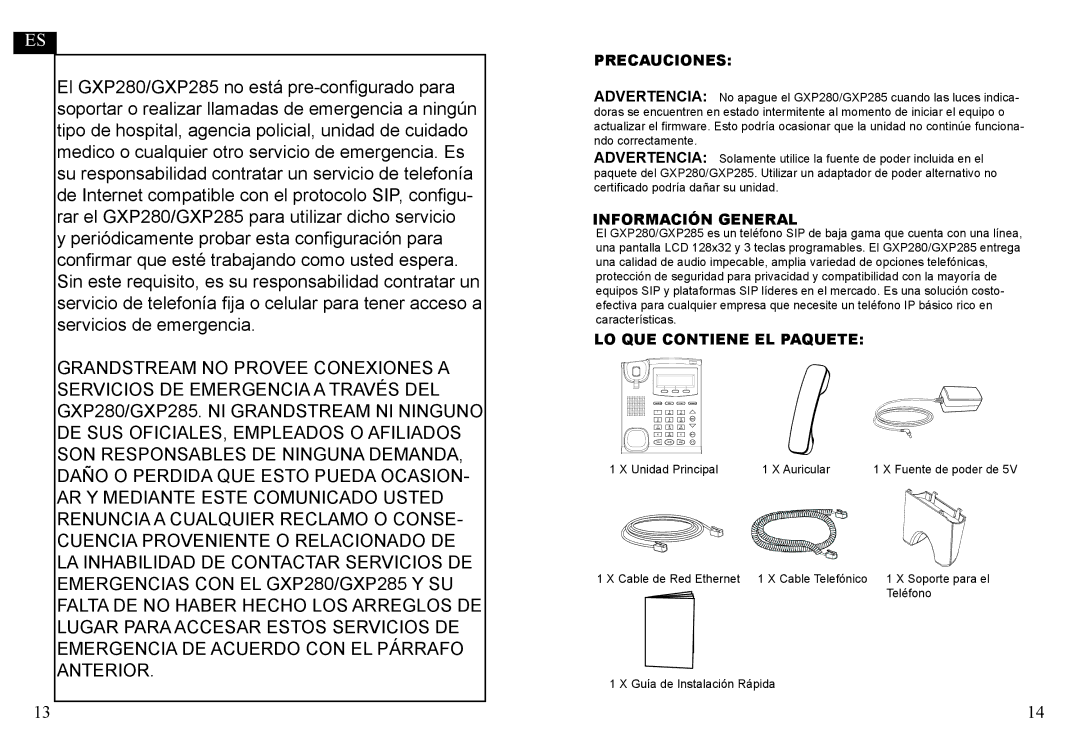 Grandstream Networks GXP280, GXP285 warranty Precauciones, Información General, LO QUE Contiene EL Paquete 