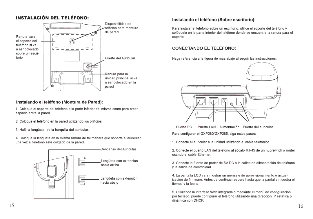 Grandstream Networks GXP285 Instalación DEL Teléfono, Instalando el teléfono Montura de Pared, Conectando EL Teléfono 