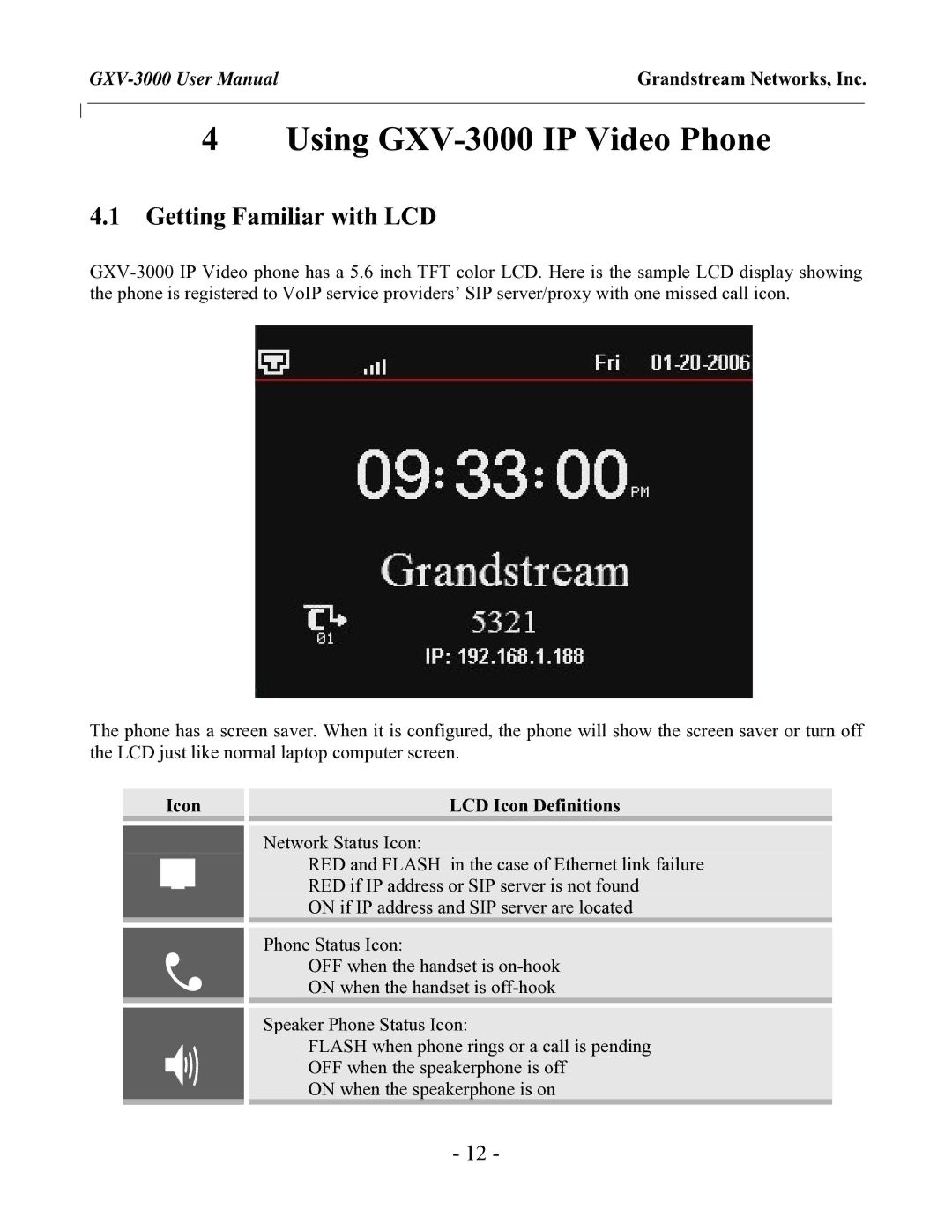 Grandstream Networks user manual Using GXV-3000 IP Video Phone, Getting Familiar with LCD, Icon LCD Icon Definitions 