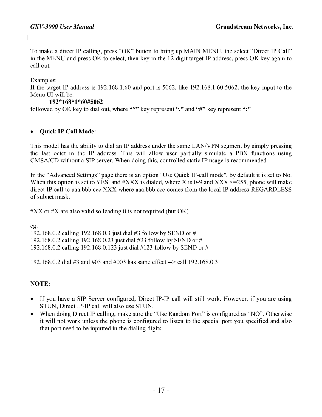 Grandstream Networks GXV-3000 user manual 192*168*1*60#5062, Quick IP Call Mode 