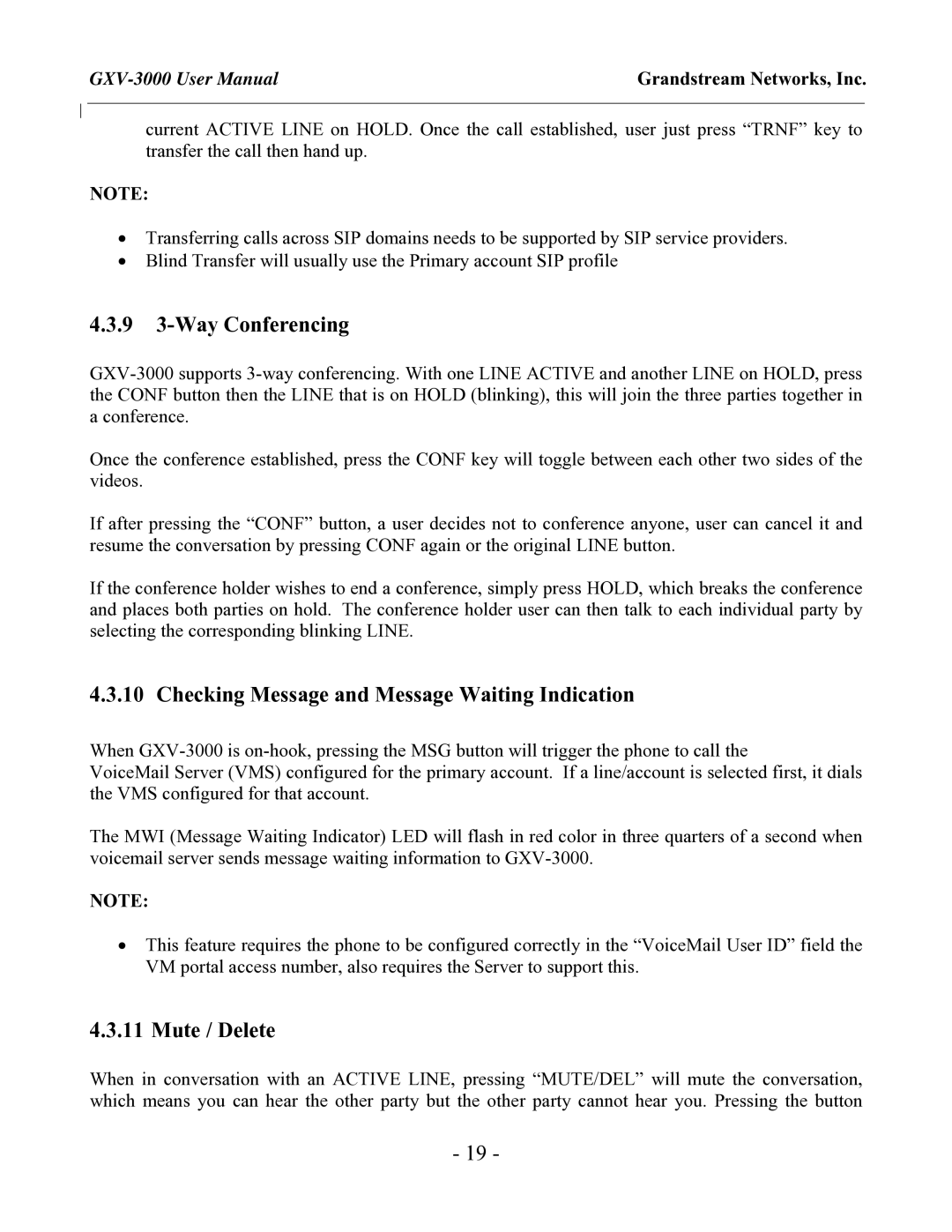 Grandstream Networks GXV-3000 9 3-Way Conferencing, Checking Message and Message Waiting Indication, Mute / Delete 