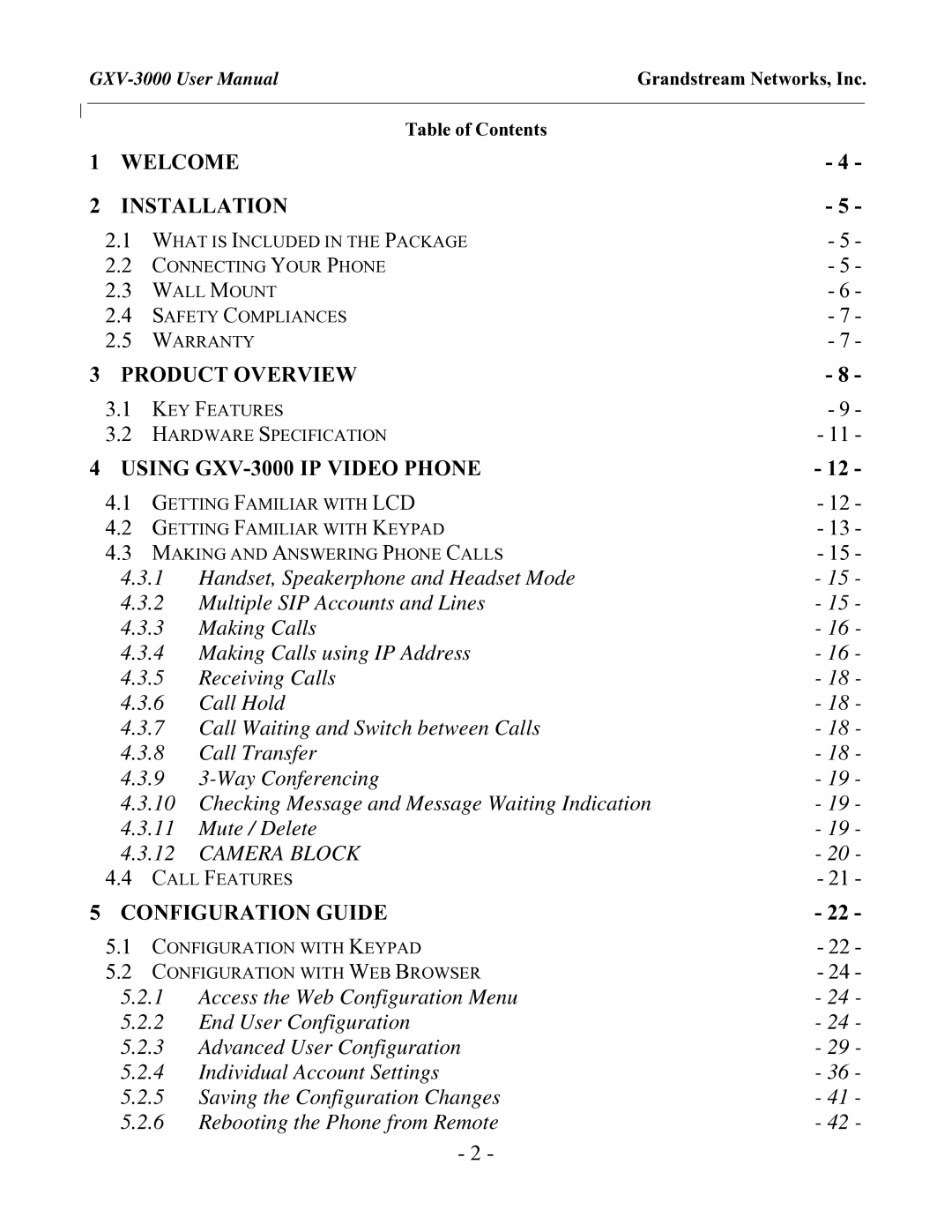 Grandstream Networks GXV-3000 user manual Grandstream Networks, Inc, Table of Contents 