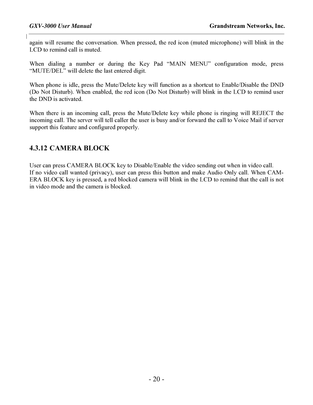 Grandstream Networks GXV-3000 user manual Camera Block 