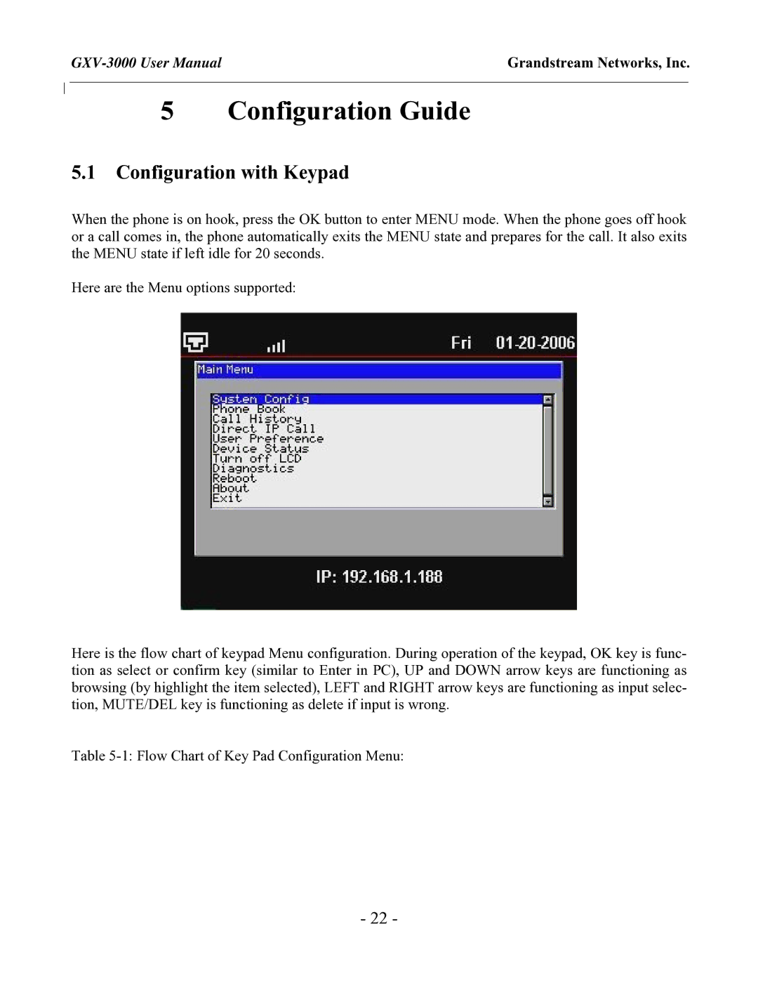 Grandstream Networks GXV-3000 user manual Configuration Guide, Configuration with Keypad 