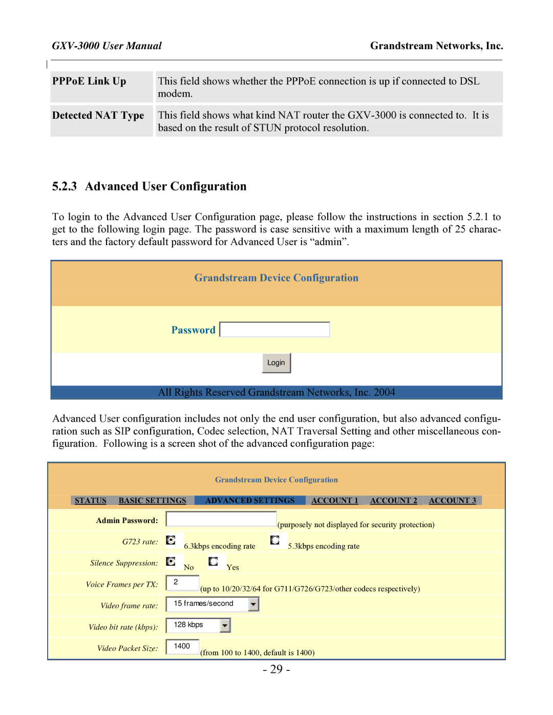 Grandstream Networks GXV-3000 user manual Advanced User Configuration, PPPoE Link Up Detected NAT Type 