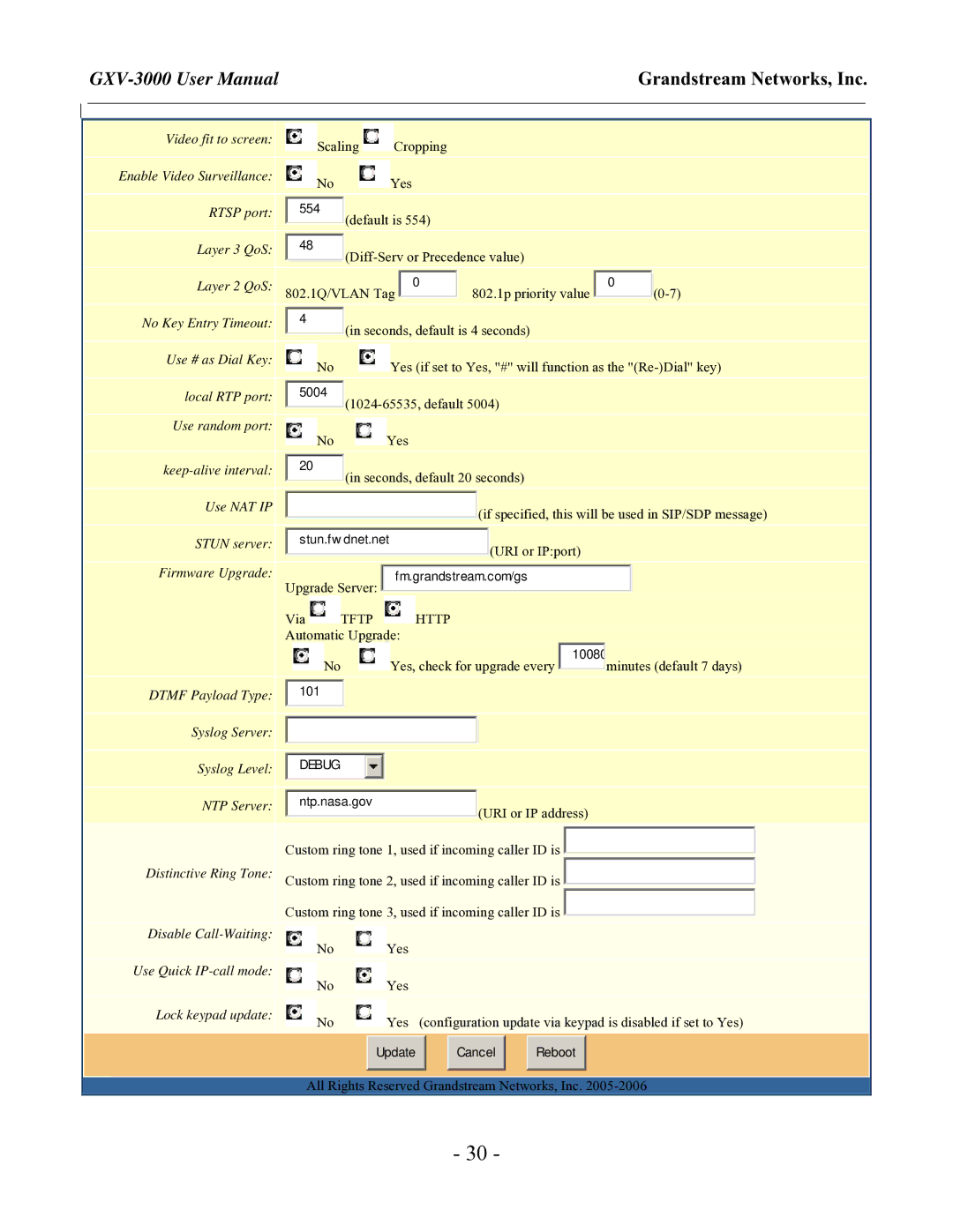 Grandstream Networks GXV-3000 user manual Dtmf Payload Type Syslog Server 