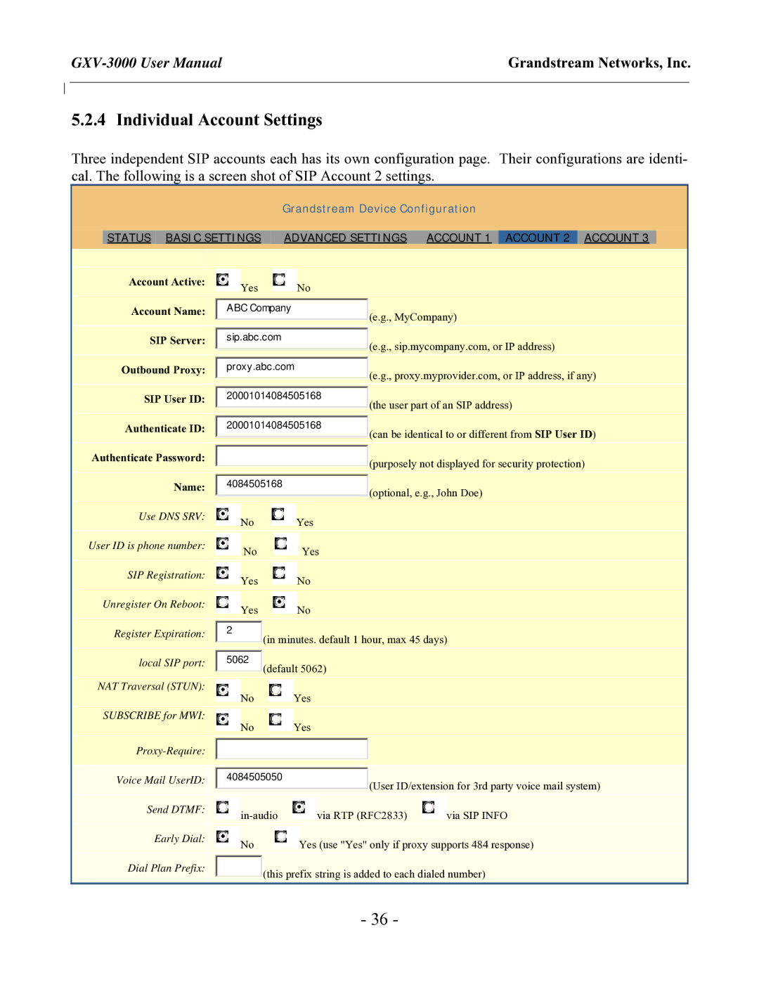 Grandstream Networks GXV-3000 Individual Account Settings, Account Active Yes Account Name SIP Server Outbound Proxy 