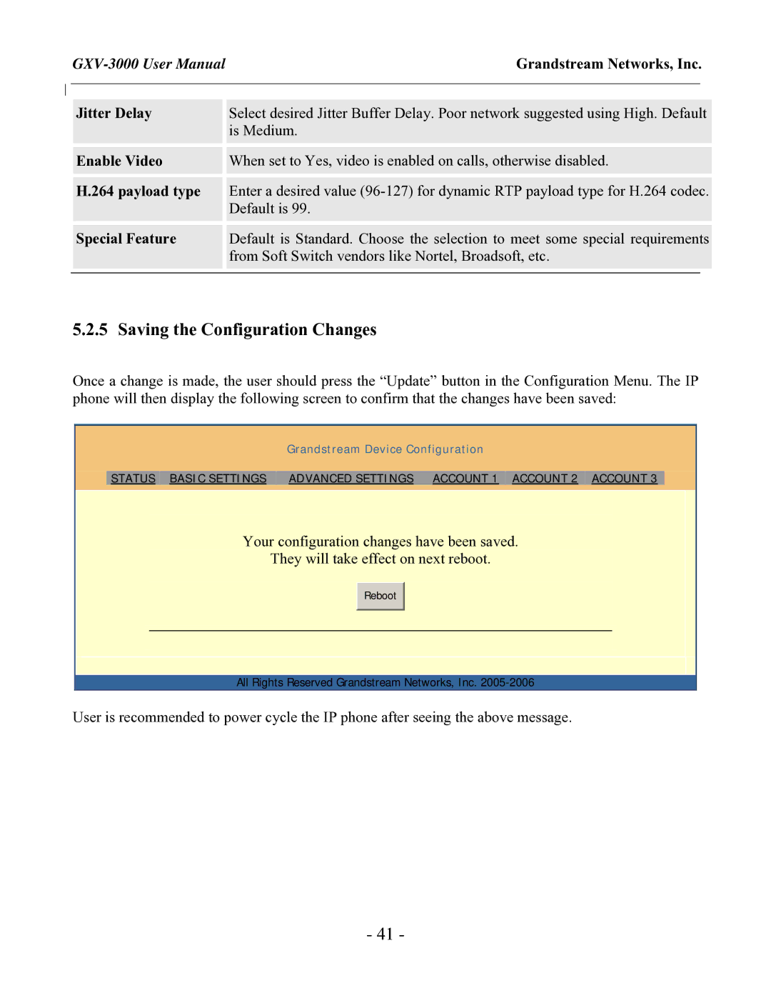 Grandstream Networks GXV-3000 Saving the Configuration Changes, Jitter Delay, Enable Video, Payload type, Special Feature 