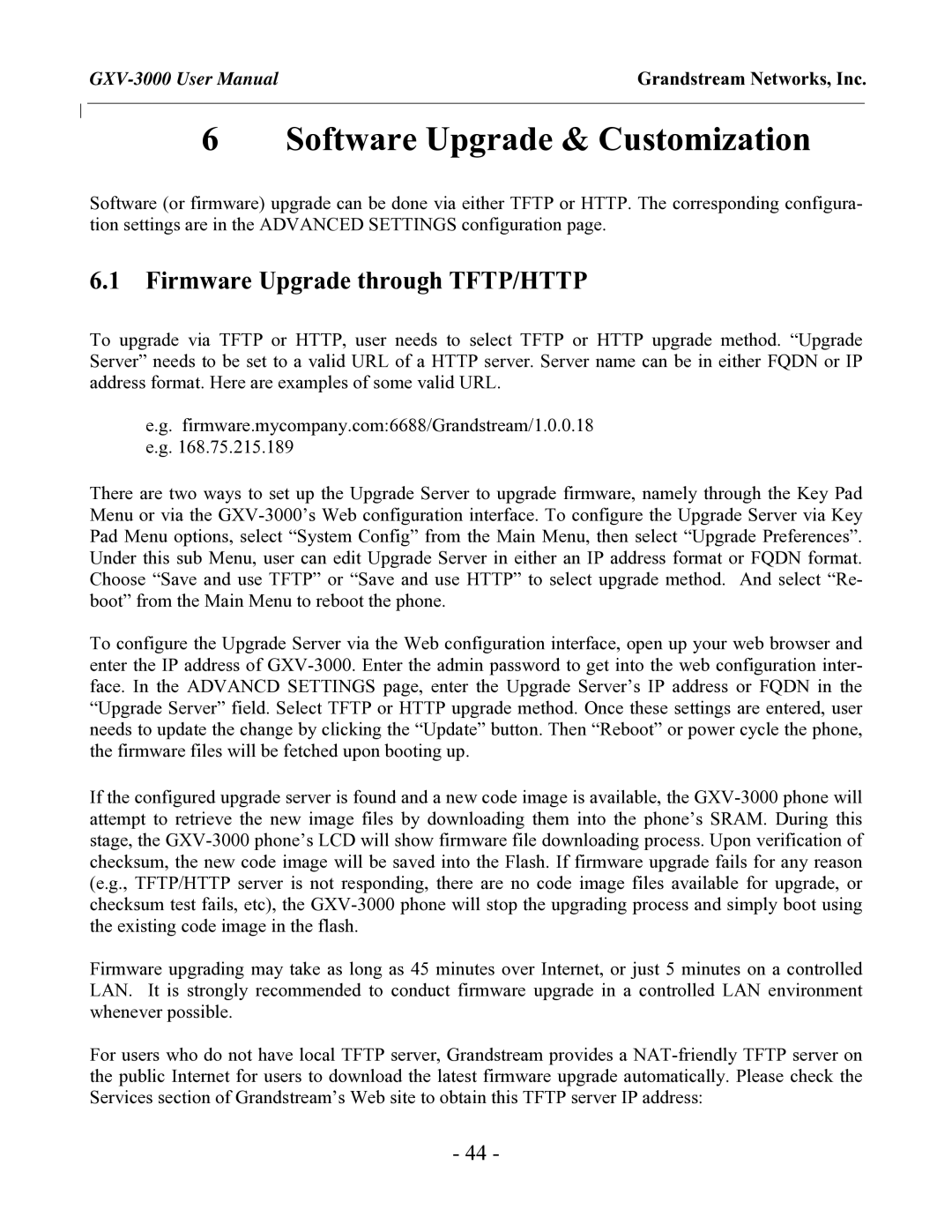 Grandstream Networks GXV-3000 user manual Software Upgrade & Customization, Firmware Upgrade through TFTP/HTTP 