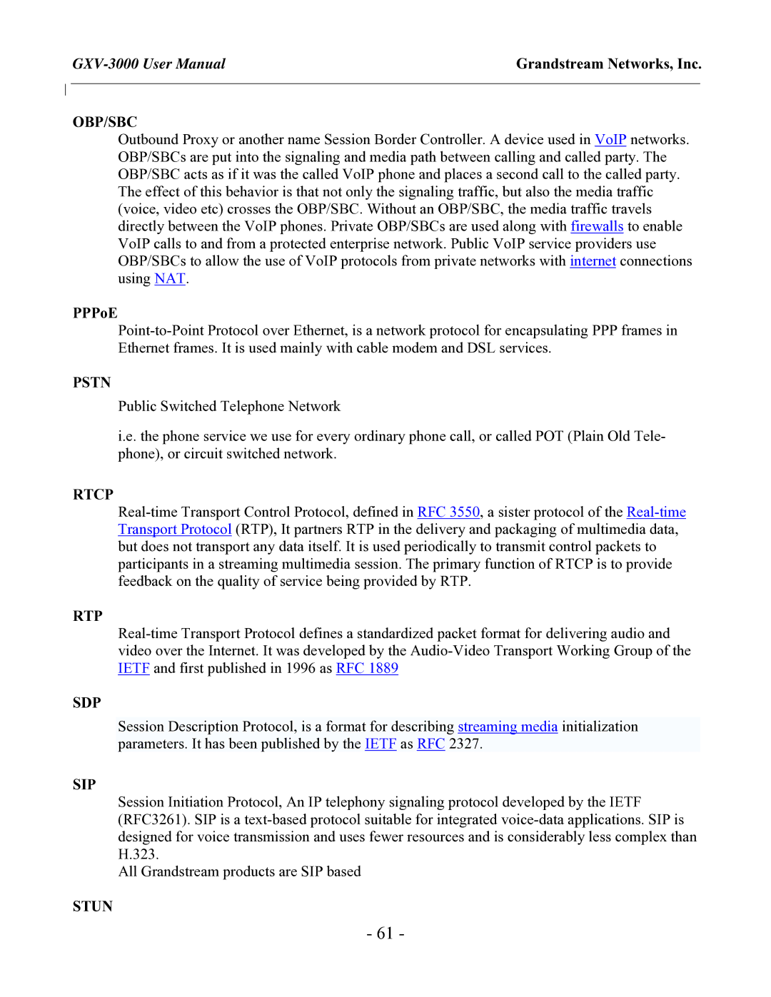 Grandstream Networks GXV-3000 user manual Obp/Sbc, PPPoE 