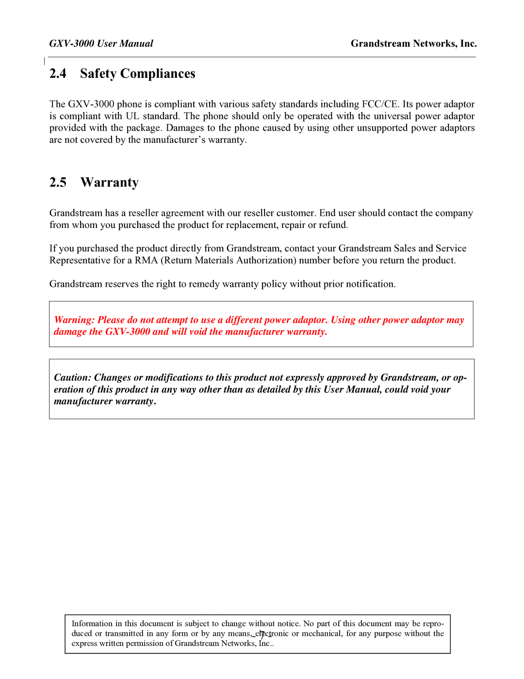 Grandstream Networks GXV-3000 user manual Safety Compliances, Warranty 