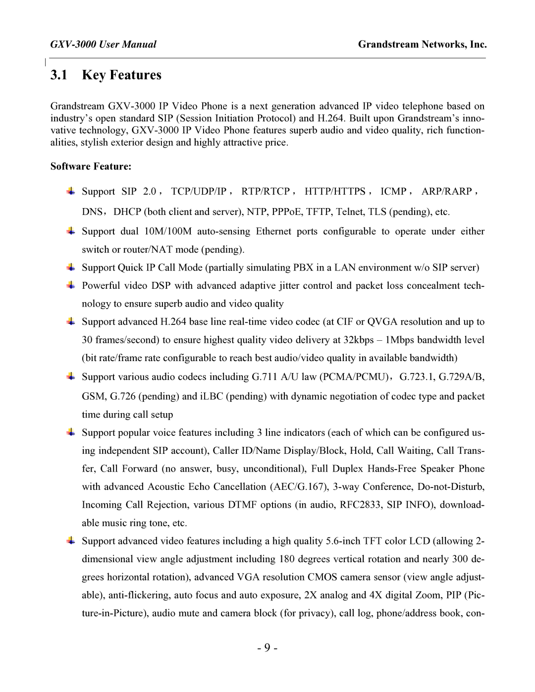 Grandstream Networks GXV-3000 user manual Key Features, Software Feature 