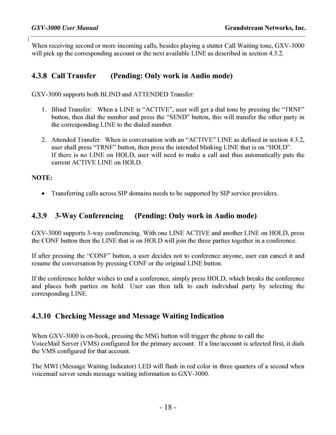 Grandstream Networks GXV-3000 user manual Call Transfer, 9 3-Way Conferencing Pending Only work in Audio mode 