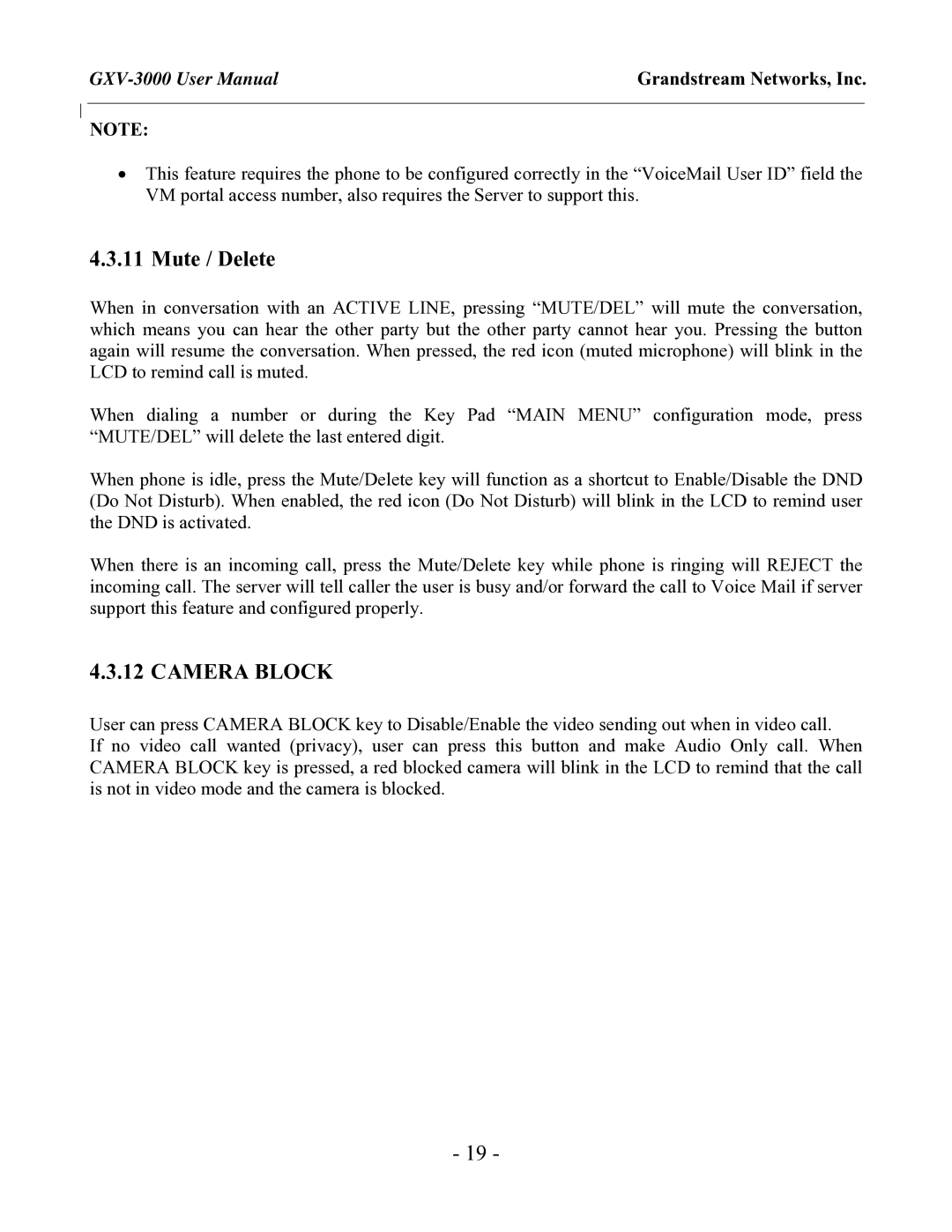 Grandstream Networks GXV-3000 user manual Mute / Delete, Camera Block 