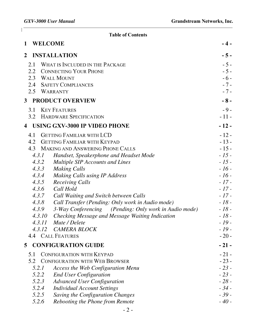 Grandstream Networks GXV-3000 user manual Grandstream Networks, Inc, Table of Contents 