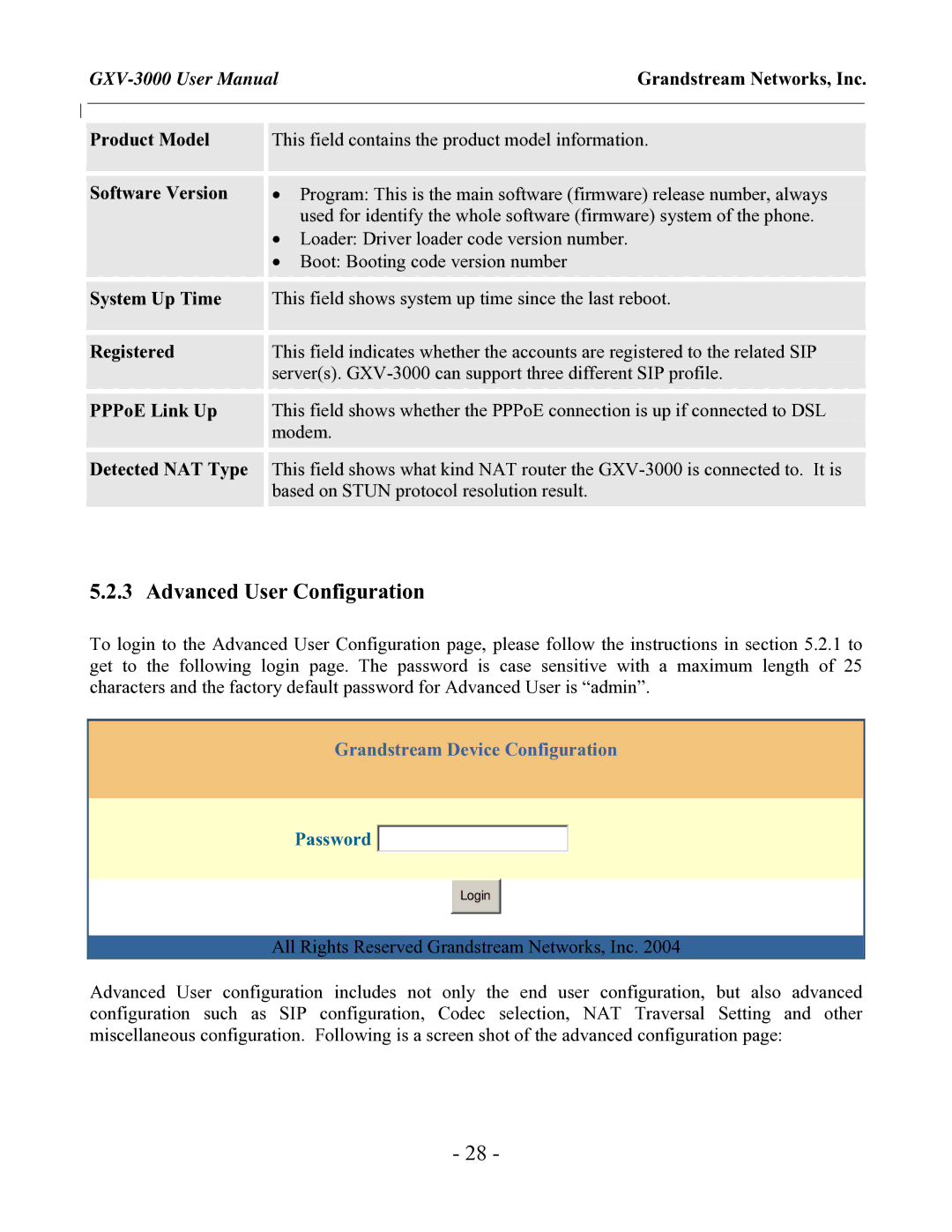 Grandstream Networks GXV-3000 user manual Advanced User Configuration, Grandstream Device Configuration 