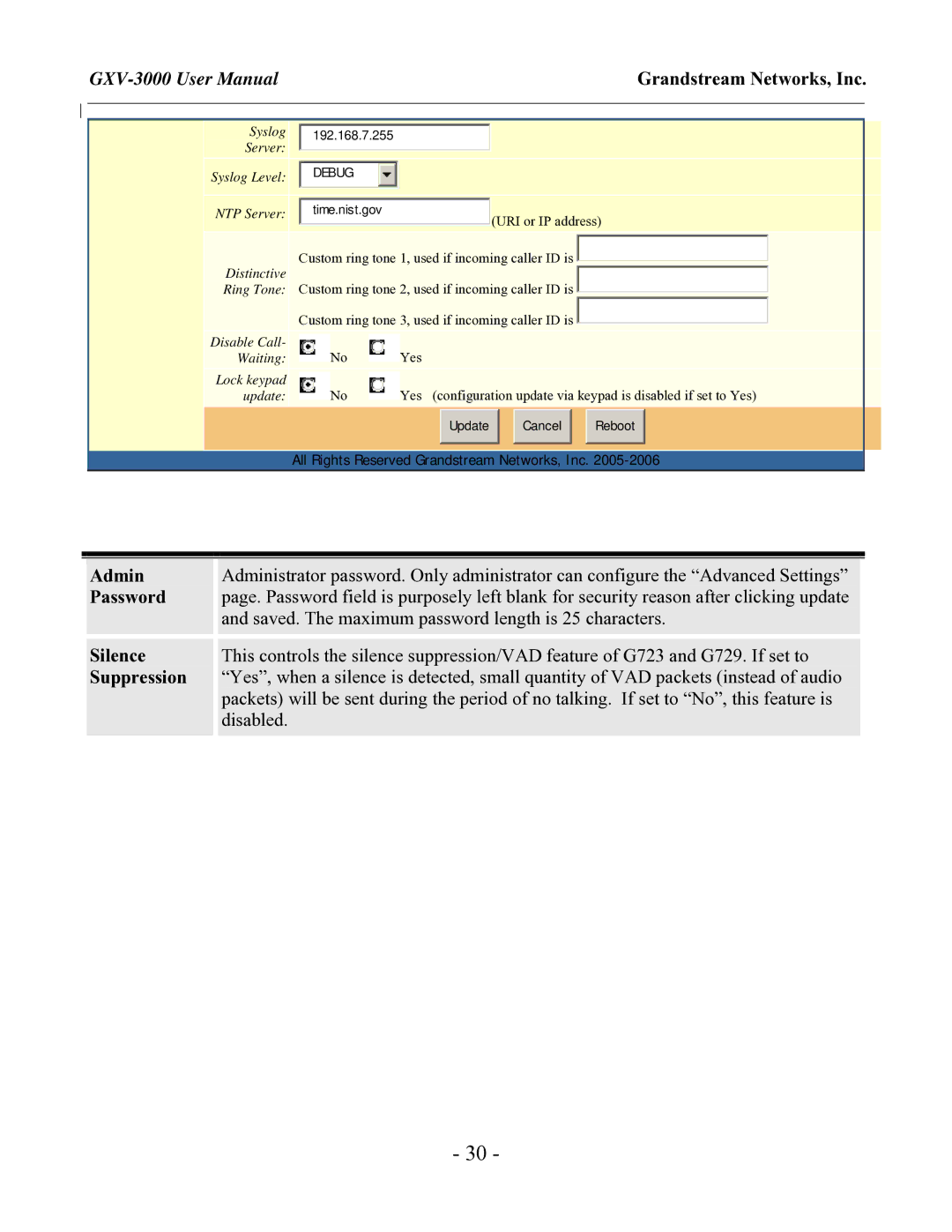 Grandstream Networks GXV-3000 user manual Admin, Silence, Suppression 