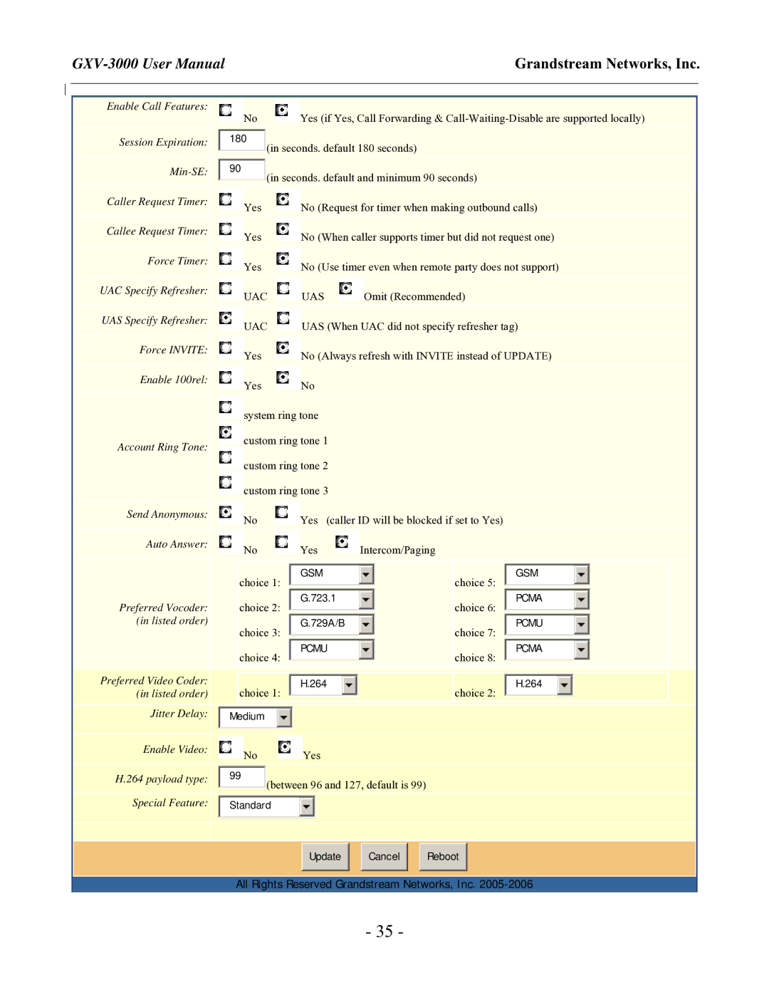 Grandstream Networks GXV-3000 user manual Enable Video Payload type Special Feature 