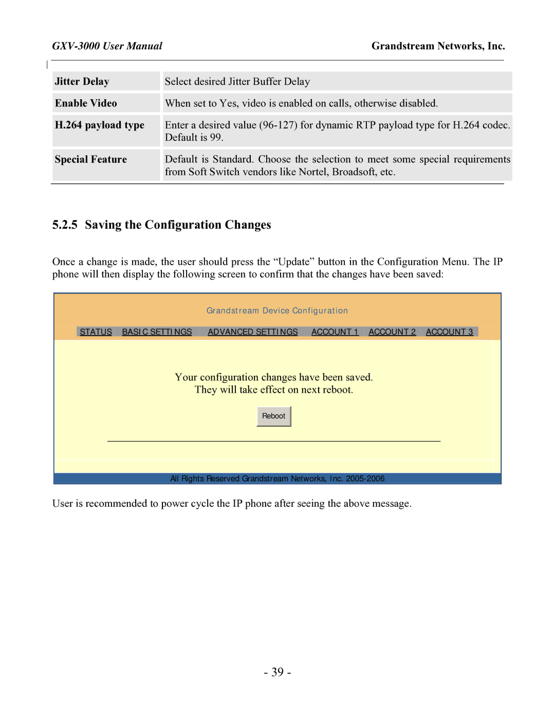 Grandstream Networks GXV-3000 Saving the Configuration Changes, Jitter Delay, Enable Video, Payload type, Special Feature 