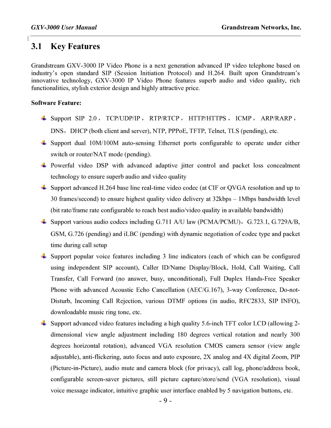 Grandstream Networks GXV-3000 user manual Key Features, Software Feature 