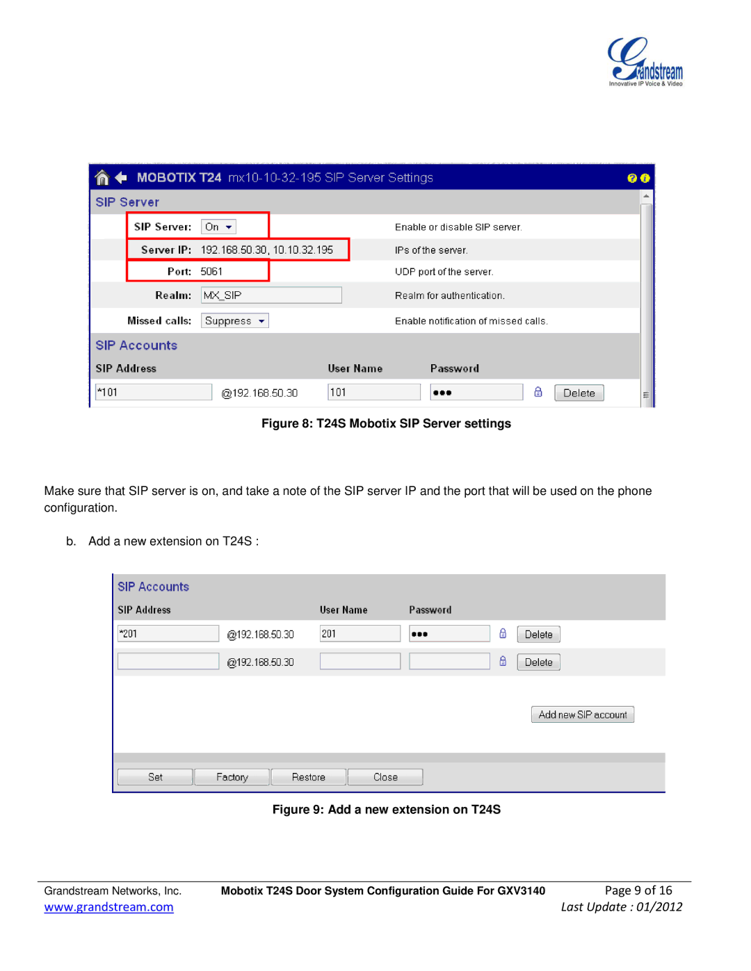 Grandstream Networks GXV-3140 manual T24S Mobotix SIP Server settings 