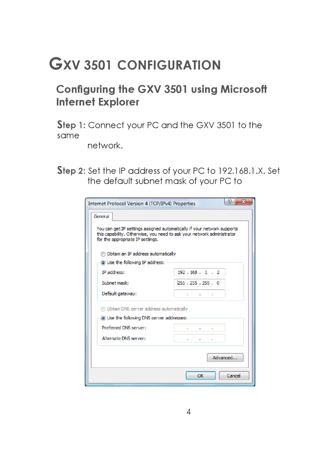 Grandstream Networks warranty GXV 3501 Configuration, Configuring the GXV 3501 using Microsoft Internet Explorer 