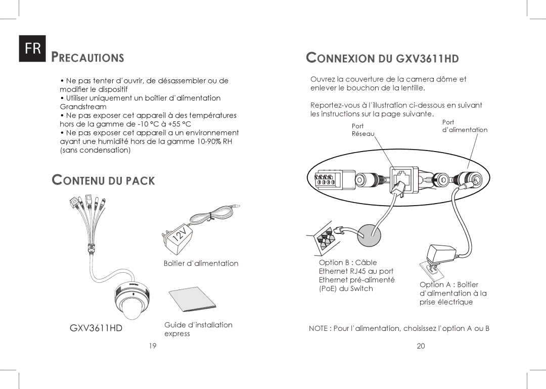 Grandstream Networks GXV 3611HD warranty FR Precautions, Contenu DU Pack, Connexion DU GXV3611HD 