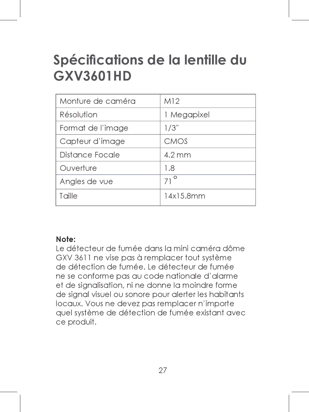 Grandstream Networks GXV 3611HD warranty Spécifications de la lentille du GXV3601HD 