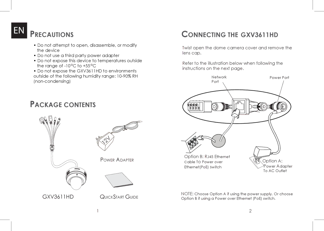 Grandstream Networks GXV 3611HD warranty EN Precautions, Package Contents, Connecting the GXV3611HD 