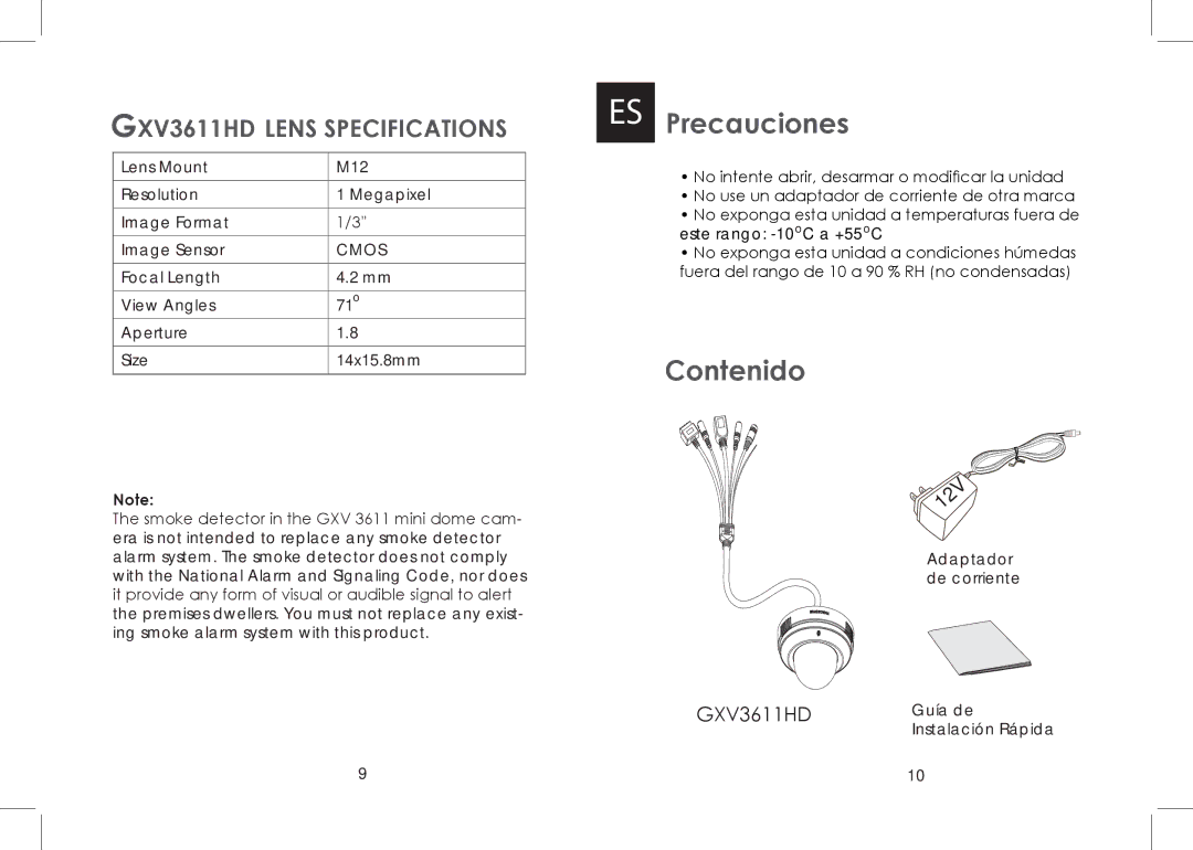 Grandstream Networks GXV 3611HD warranty ES Precauciones, Contenido, GXV3611HD Lens Specifications 