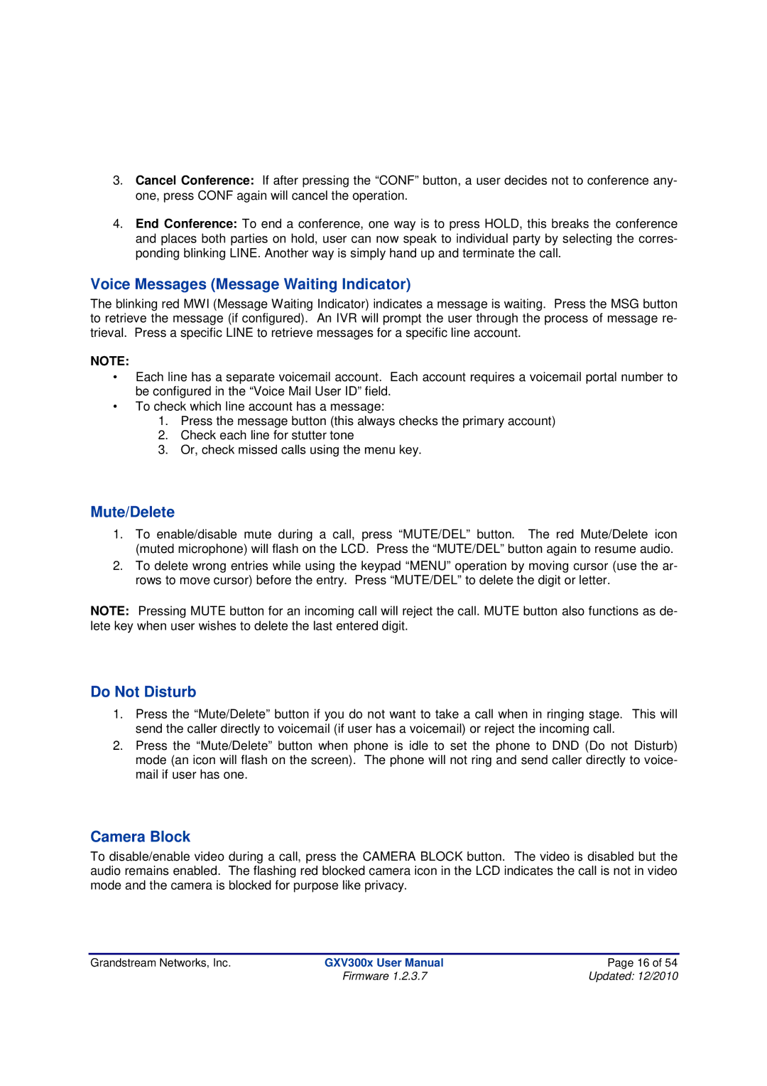 Grandstream Networks GXV300X manual Voice Messages Message Waiting Indicator, Mute/Delete, Do Not Disturb, Camera Block 