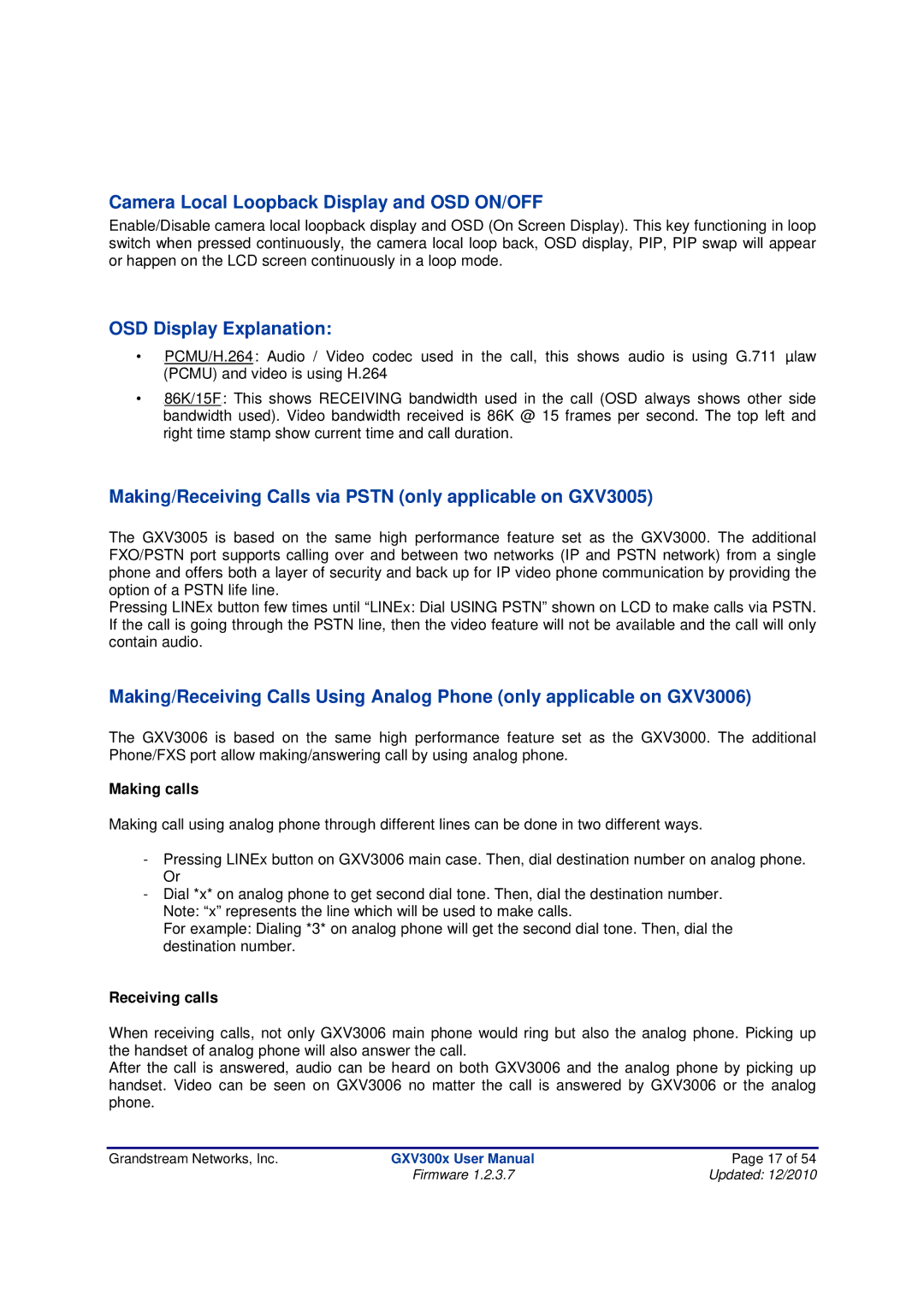 Grandstream Networks GXV300X manual Camera Local Loopback Display and OSD ON/OFF, OSD Display Explanation, Making calls 