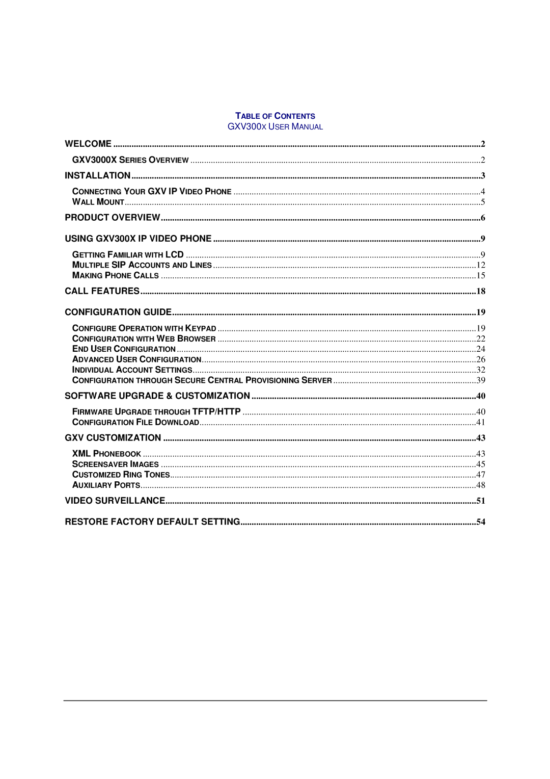 Grandstream Networks GXV300X manual Table of Contents 