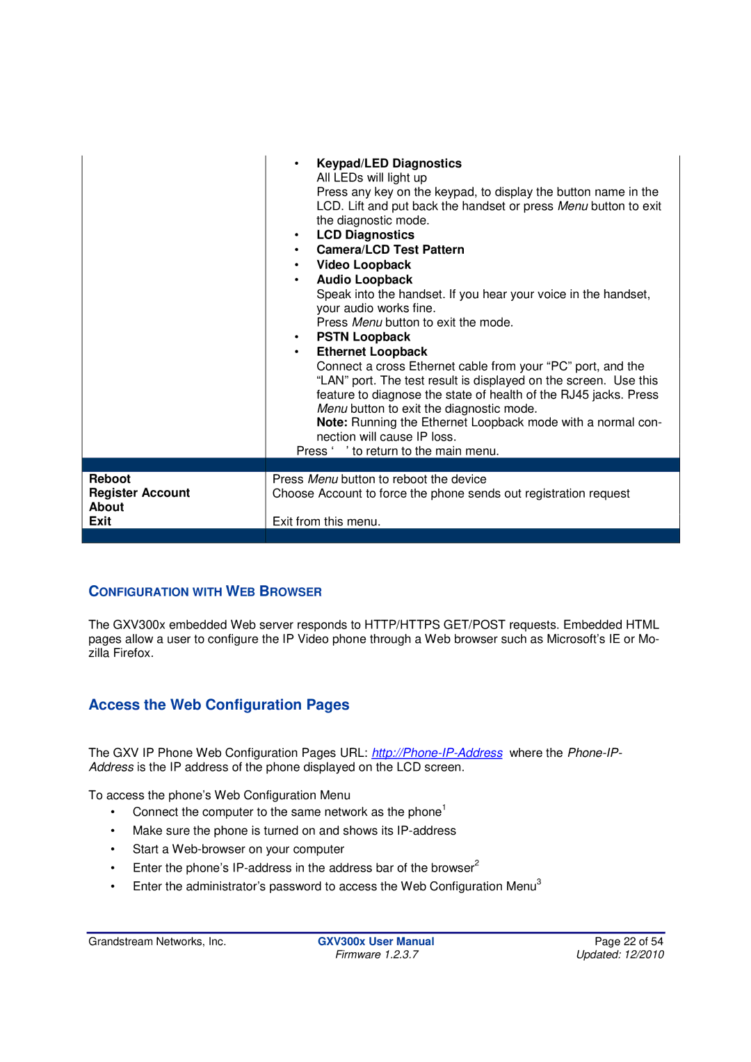 Grandstream Networks GXV300X manual Access the Web Configuration Pages, ∙ Pstn Loopback ∙ Ethernet Loopback 