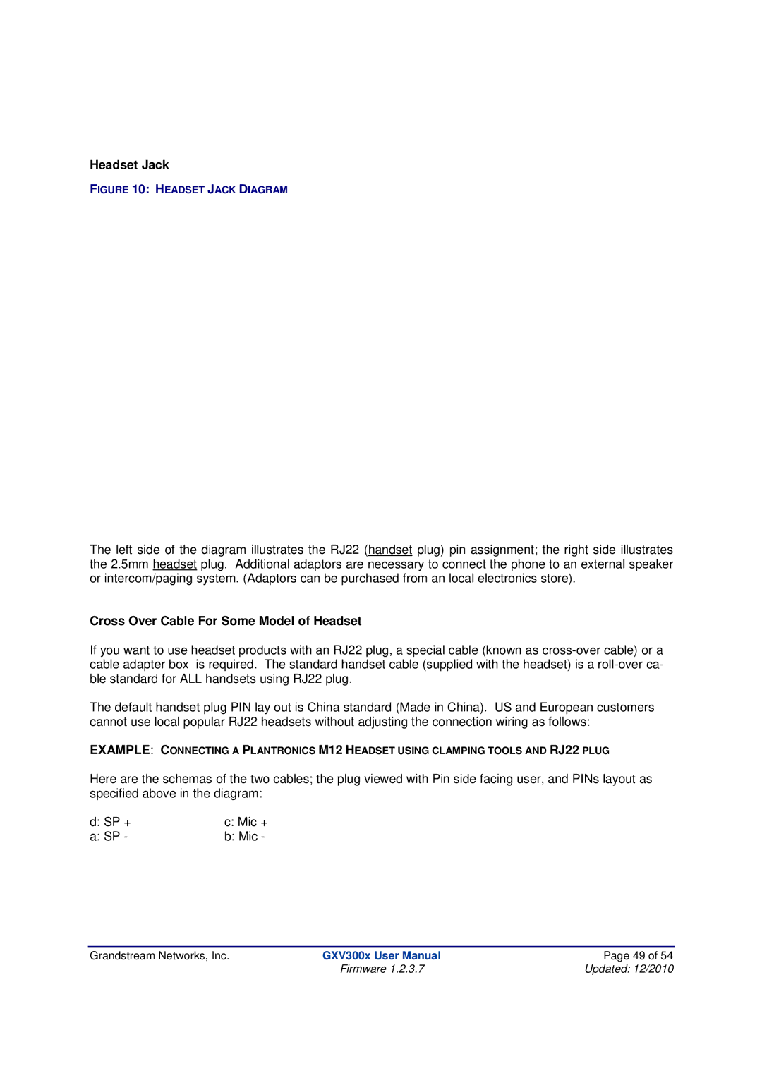 Grandstream Networks GXV300X manual Cross Over Cable For Some Model of Headset, Headset Jack Diagram 