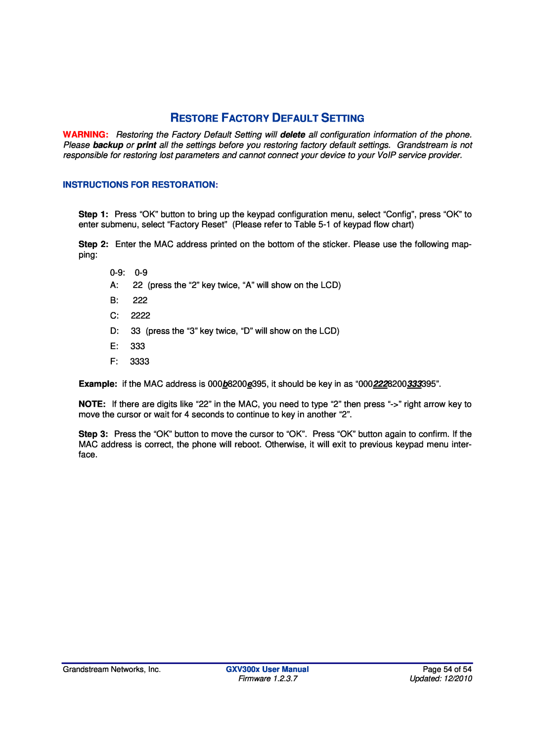 Grandstream Networks GXV300X manual Instructions For Restoration, Restore Factory Default Setting 