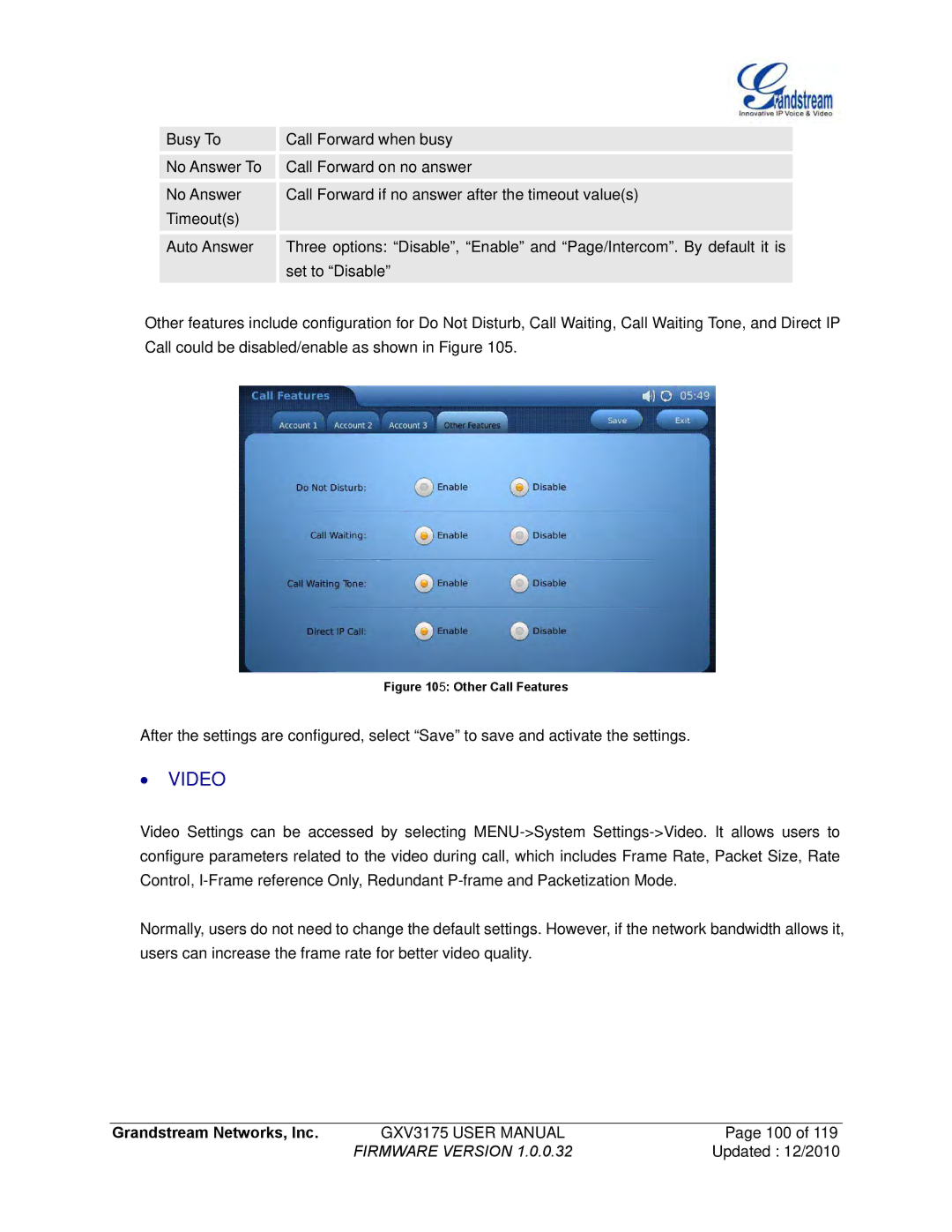 Grandstream Networks GXV3175 manual ∙ Video, Other Call Features 