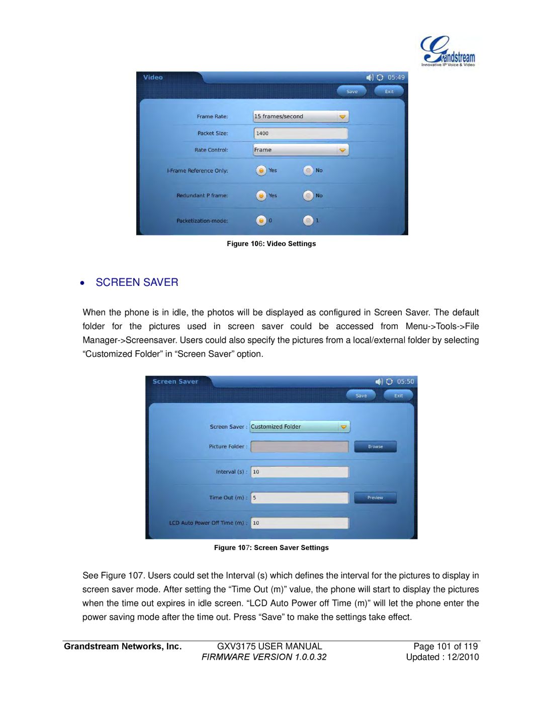 Grandstream Networks GXV3175 manual ∙ Screen Saver, Video Settings 