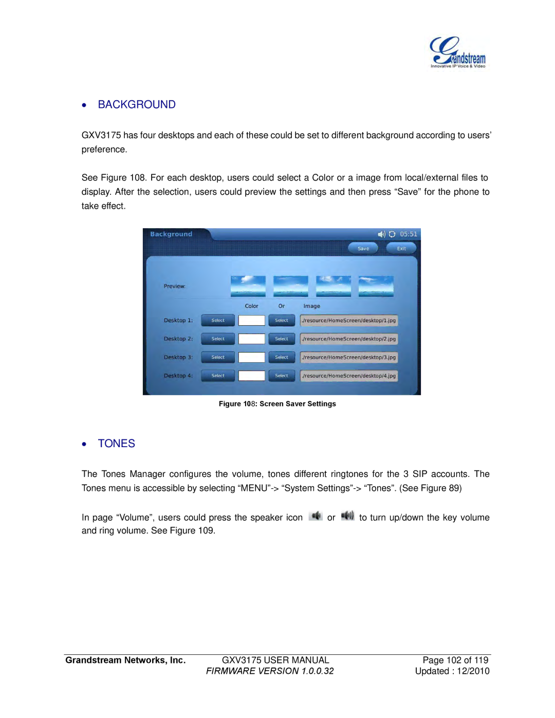 Grandstream Networks GXV3175 manual ∙ Background, ∙ Tones 