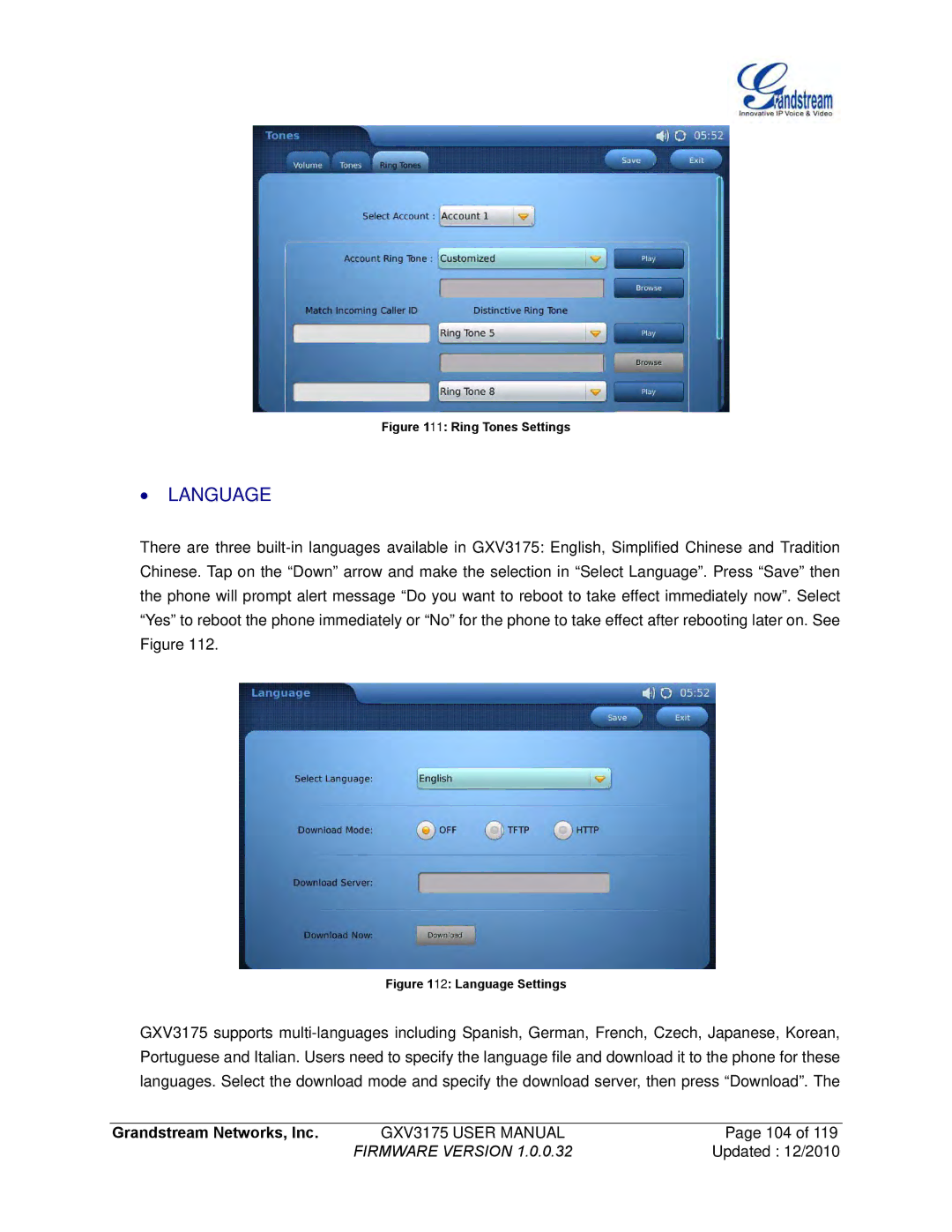 Grandstream Networks GXV3175 manual ∙ Language, Ring Tones Settings 