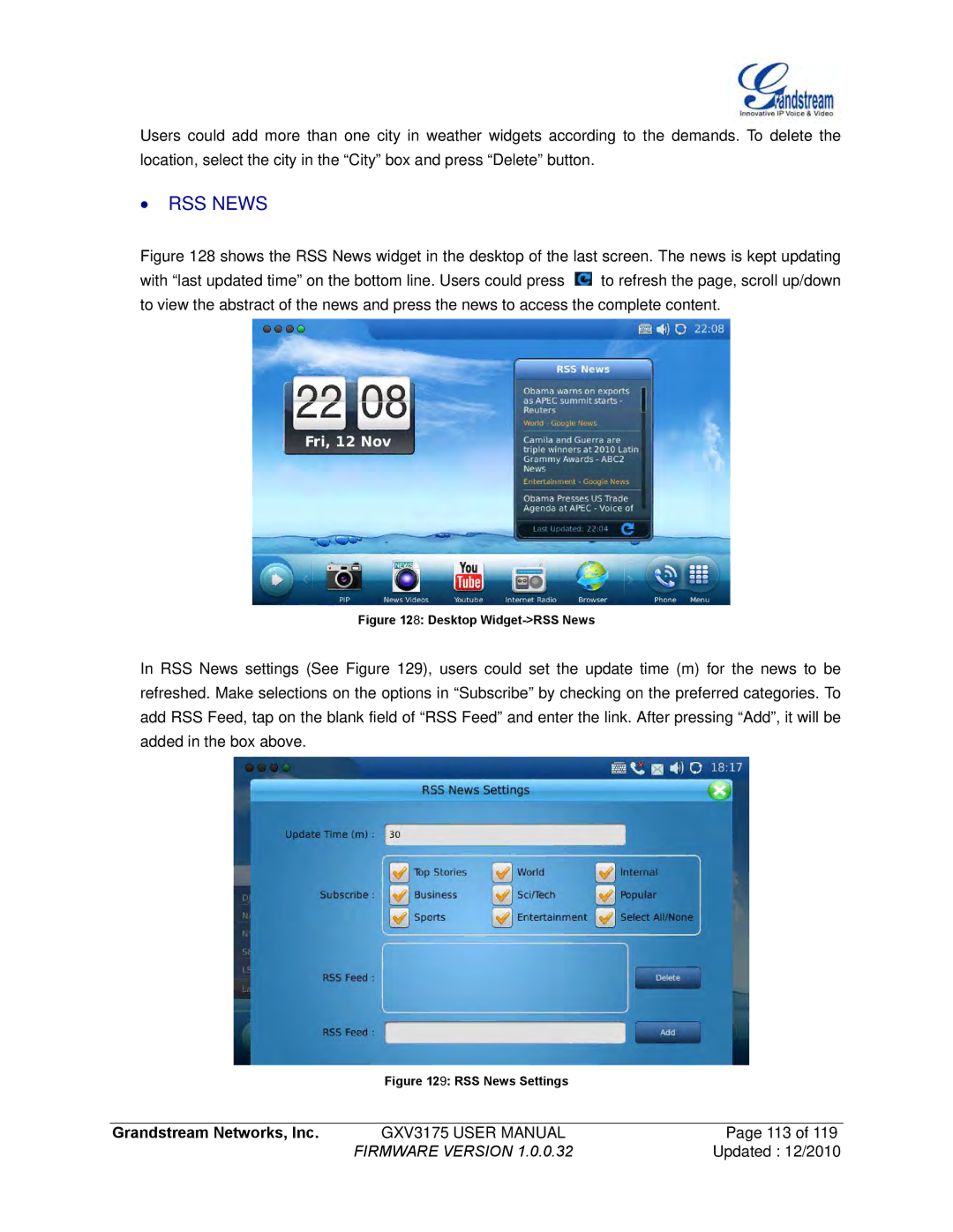 Grandstream Networks GXV3175 manual ∙ RSS News, Desktop Widget-RSS News 